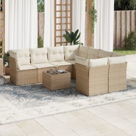 Set de sofás de jardín 9 pzas con cojines ratán sintético beige Set de sofás de jardín 9 pzas con cojines ratán sintético beige