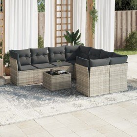 Set muebles jardín 9 pzas y cojines ratán sintético gris claro en Conjuntos de jardín | Comprar online en Foro24