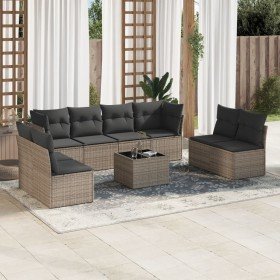 Set de muebles de jardín 9 pzas y cojines ratán sintético gris