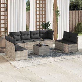 Set muebles jardín 9 pzas y cojines ratán sintético gris claro Set muebles jardín 9 pzas y cojines ratán sintético gris claro