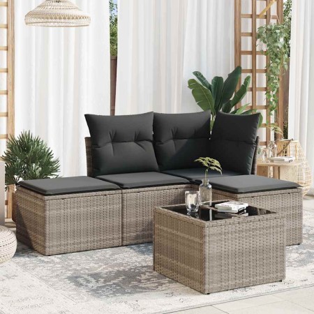Set de sofás jardín y cojines 5 pzas ratán sintético gris claro