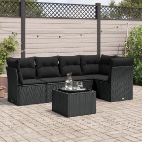 Set de sofás de jardín 6 piezas y cojines ratán sintético negro