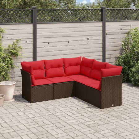 Set comedor de jardín 5 piezas y cojines ratán sintético marrón