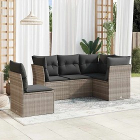 Set de sofás jardín y cojines 5 pzas ratán sintético gris claro