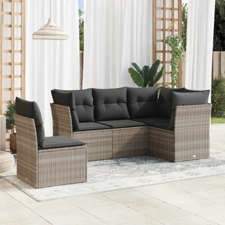 Set de sofás jardín y cojines 5 pzas ratán sintético gris claro