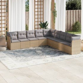 Set de sofás de jardín 9 pzas con cojines ratán sintético beige Set de sofás de jardín 9 pzas con cojines ratán sintético beige