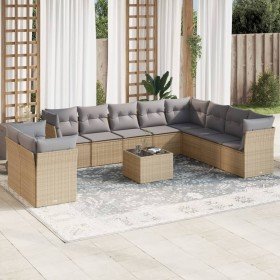 Set de sofás de jardín 11pzas con cojines ratán sintético beige Set de sofás de jardín 11pzas con cojines ratán sintético beige