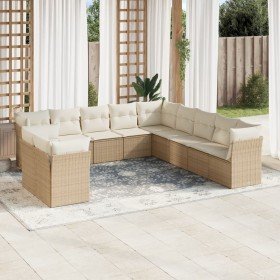 Set de sofás de jardín 11pzas con cojines ratán sintético beige Set de sofás de jardín 11pzas con cojines ratán sintético beige