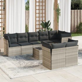 Set muebles jardín 9 pzas y cojines ratán sintético gris claro