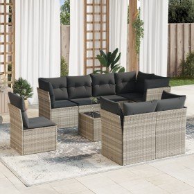 Set muebles jardín 9 pzas y cojines ratán sintético gris claro