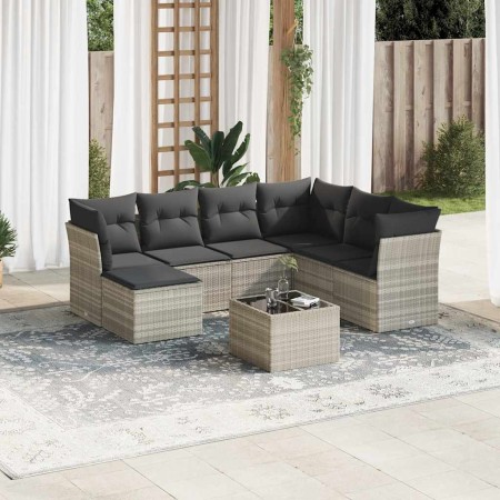 Set de sofás de jardín 8 pzas y cojines ratán sintético gris