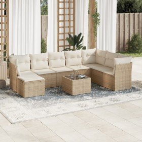 Set de sofás de jardín 9 pzas con cojines ratán sintético beige