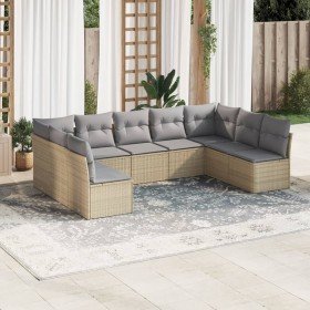 Set de sofás de jardín 9 pzas con cojines ratán sintético beige Set de sofás de jardín 9 pzas con cojines ratán sintético beige