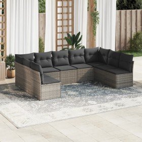 Set de muebles de jardín 9 pzas y cojines ratán sintético gris