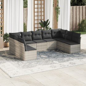Set muebles jardín 9 pzas y cojines ratán sintético gris claro