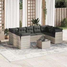 Set sofás jardín 10 pzas con cojines ratán sintético gris claro Set sofás jardín 10 pzas con cojines ratán sintético gris claro
