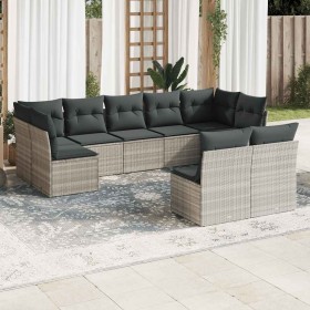 Set muebles jardín 9 pzas y cojines ratán sintético gris claro