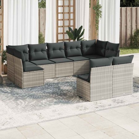 Set muebles jardín 9 pzas y cojines ratán sintético gris claro