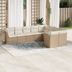 Set de sofás de jardín 9 pzas con cojines ratán sintético beige