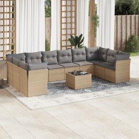 Set de sofás de jardín 11pzas con cojines ratán sintético beige