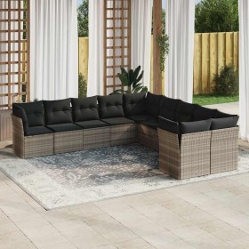 Set sofás jardín 10 pzas con cojines ratán sintético gris claro