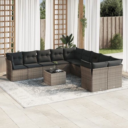 Set de sofás de jardín 11 pzas y cojines ratán sintético gris