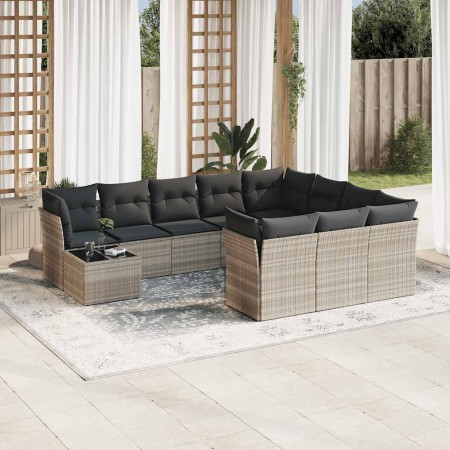 Set de sofás de jardín 11 pzas y cojines ratán sintético gris