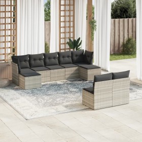 Set muebles jardín 9 pzas y cojines ratán sintético gris claro