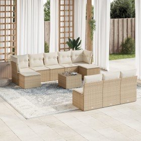 Set de sofás de jardín 11pzas con cojines ratán sintético beige Set de sofás de jardín 11pzas con cojines ratán sintético beige