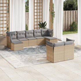 Set de sofás de jardín 9 pzas con cojines ratán sintético beige