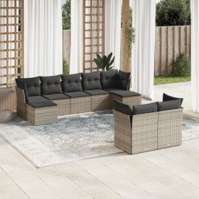 Set de muebles de jardín 9 pzas y cojines ratán sintético gris