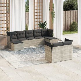 Set muebles jardín 9 pzas y cojines ratán sintético gris claro