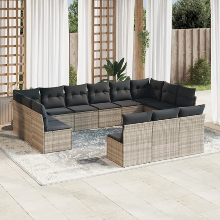 Set sofás de jardín con cojines 13 piezas ratán sintético gris