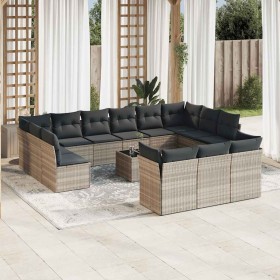 Set sofás jardín 14 pzas con cojines ratán sintético gris claro