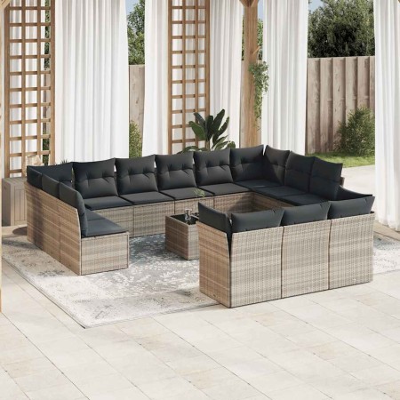 Set sofás jardín 14 pzas con cojines ratán sintético gris claro
