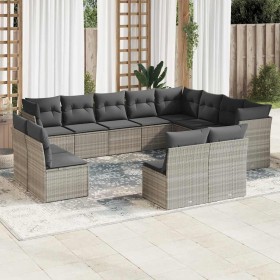 Set de sofás de jardín 12 pzas y cojines ratán sintético gris