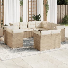 Set de sofás de jardín 11pzas con cojines ratán sintético beige Set de sofás de jardín 11pzas con cojines ratán sintético beige