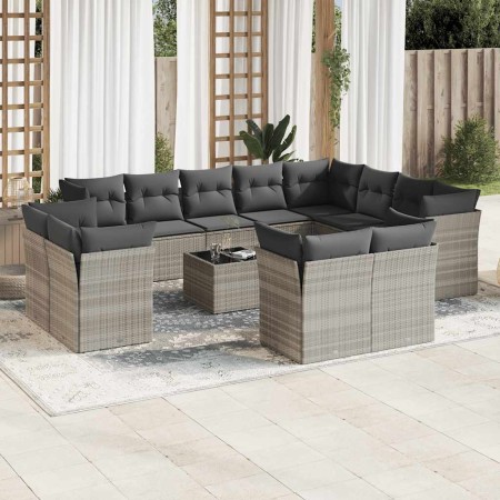 Set sofás de jardín con cojines 13 piezas ratán sintético gris