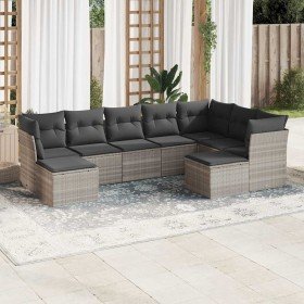 Set muebles jardín 9 pzas y cojines ratán sintético gris claro