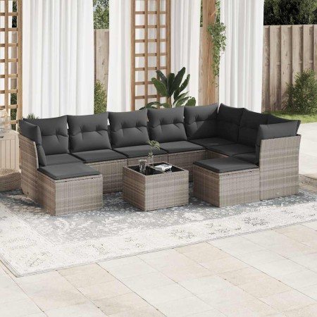 Set sofás jardín 10 pzas con cojines ratán sintético gris claro