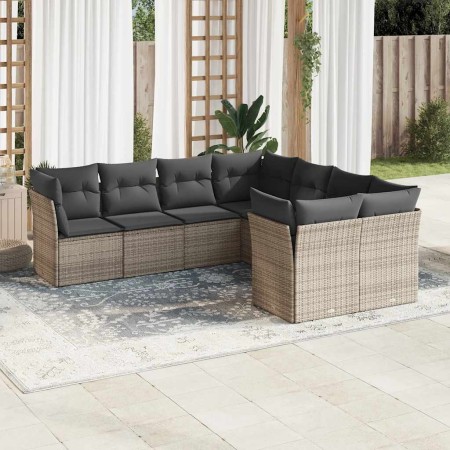 Set de sofás de jardín 8 pzas y cojines ratán sintético gris