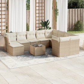 Set de sofás de jardín 11pzas con cojines ratán sintético beige