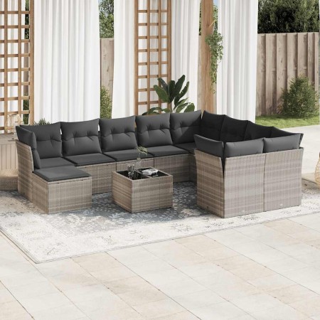 Set de sofás de jardín 11 pzas y cojines ratán sintético gris