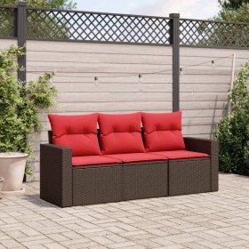 Set sofás de jardín 3 piezas y cojines ratán sintético marrón