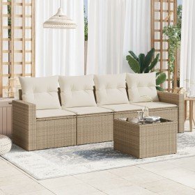Juego de sofás jardín con cojines 5 pzas ratán sintético beige Juego de sofás jardín con cojines 5 pzas ratán sintético beige