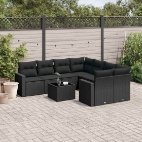 Set de sofás de jardín 8 piezas y cojines ratán sintético negro