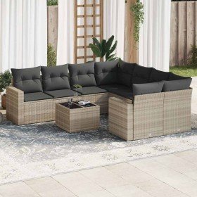 Set muebles jardín 9 pzas y cojines ratán sintético gris claro