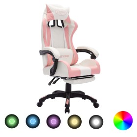 Silla gaming con luces LED RGB cuero sintético rosa y blanco