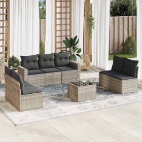 Set de sofás de jardín 8 pzas y cojines ratán sintético gris
