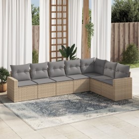 Set sofás de jardín 7 piezas y cojines ratán sintético beige